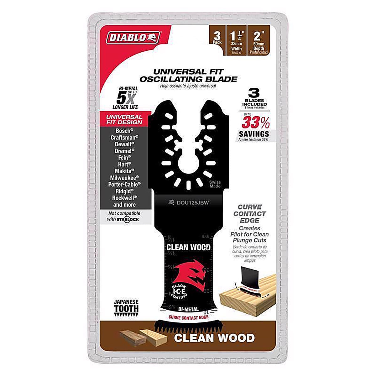 Diablo - DOU125JBW3 - 1-1/4 in. X 1-1/4 in. W Bi-Metal Oscillating Blade Clean Wood 3 pk