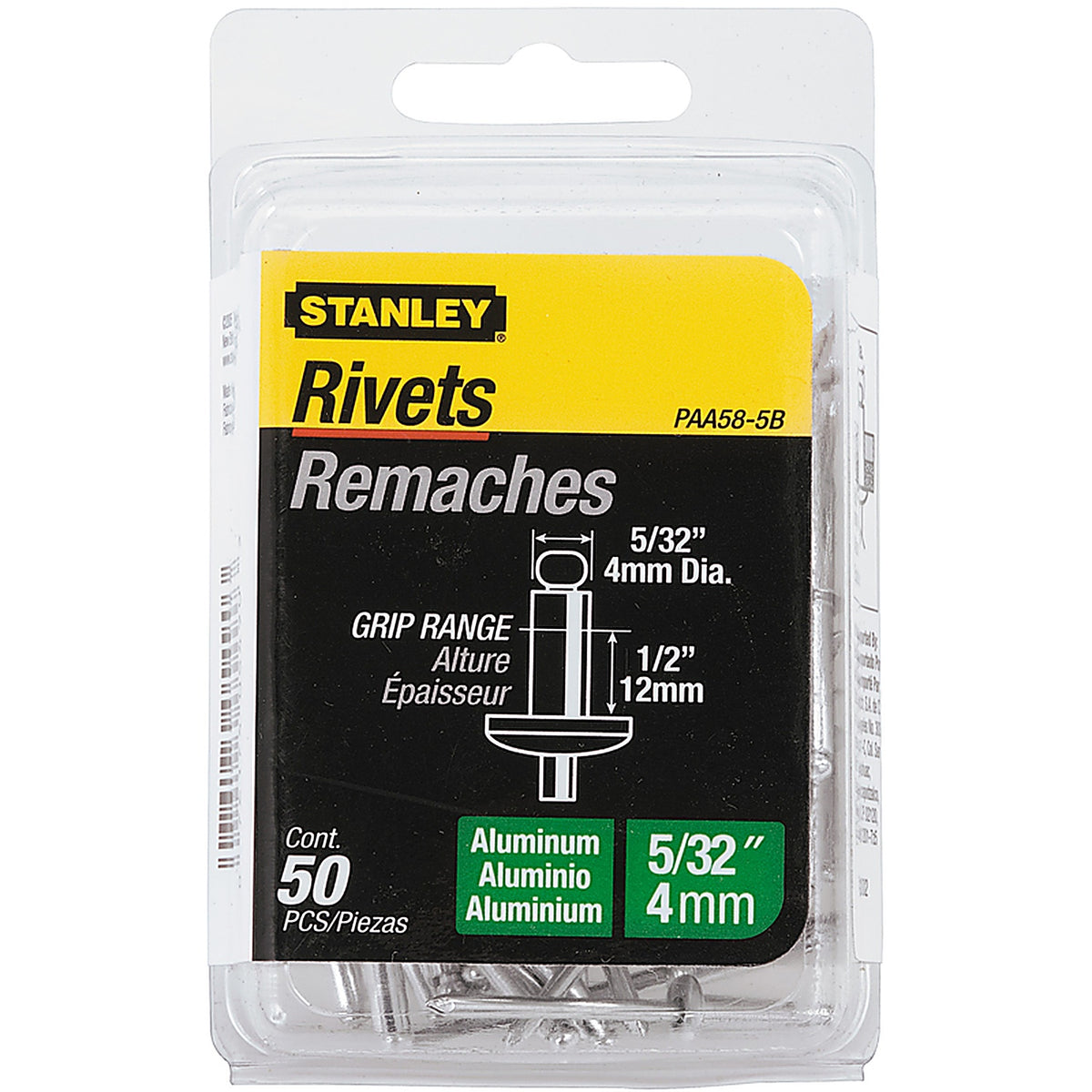 Stanley - PAA58-5B - 5/32 in. D X 1/2 in. Aluminum Rivets Silver 50 pc