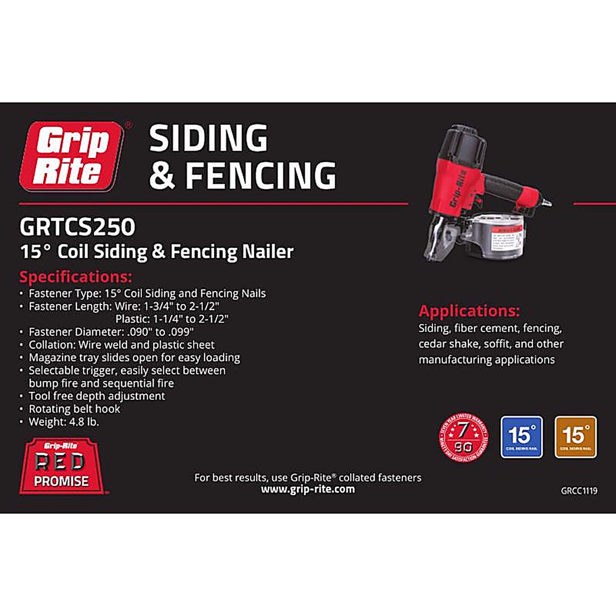 Grip-Rite - GRTCS250 - 15 deg Coil Siding Nailer
