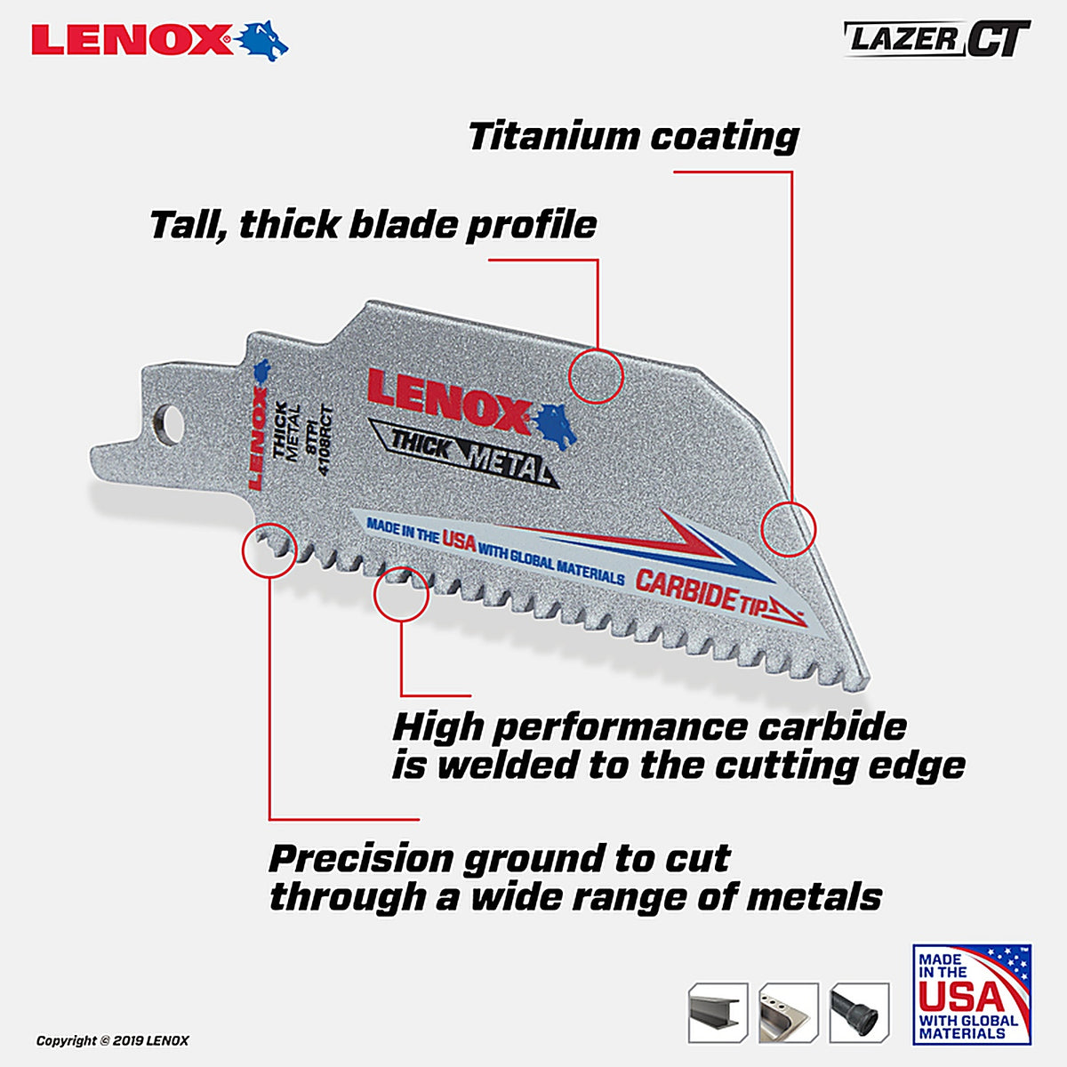 Lenox - 2014212 - Lazer CT 4 in. Carbide Tipped Reciprocating Saw Blade 8 TPI 1 pc