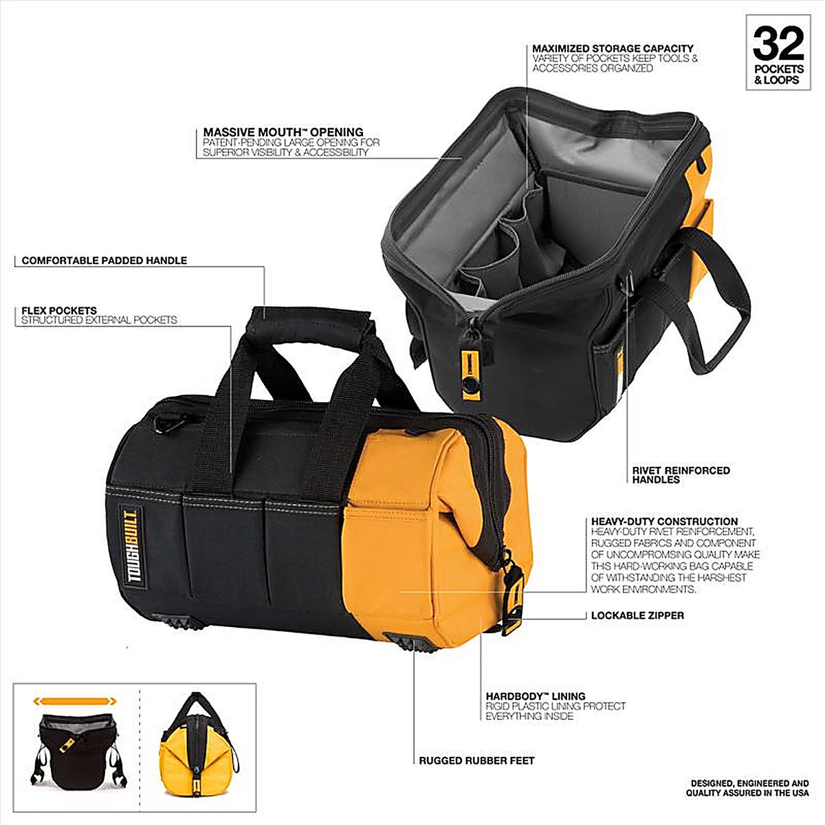 ToughBuilt - TB-60-12-1BES - 12 in. W X 8.75 in. H Polyester Massive Mouth Tool Bag 32 pocket Black/Gray/Orange 1 pc