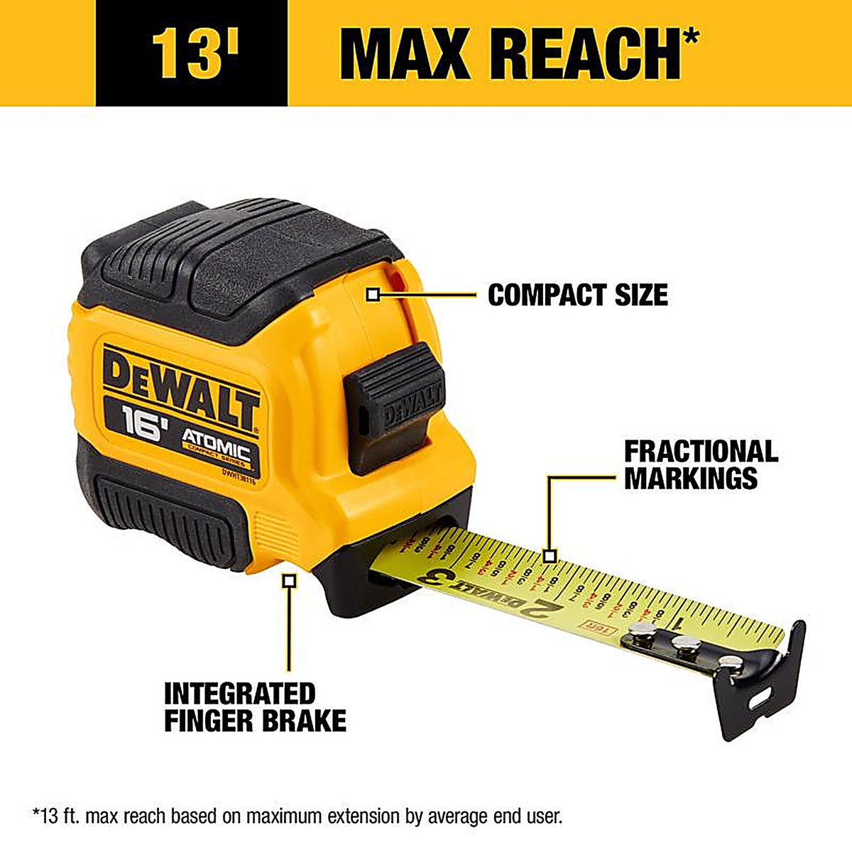 DeWalt - DWHT38116S - ATOMIC 16 ft. L X 1.25 in. W Compact Tape Measure 1 pk