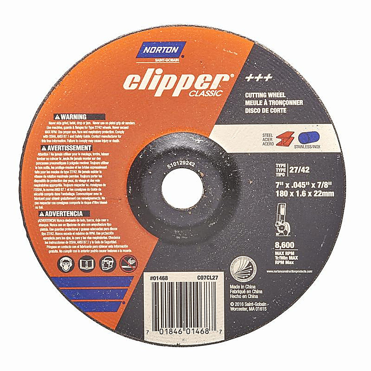 Norton - 70184601468 - Clipper 7 in. D X 7/8 in. Aluminum Oxide Classic Cut-Off Wheel 1 pk
