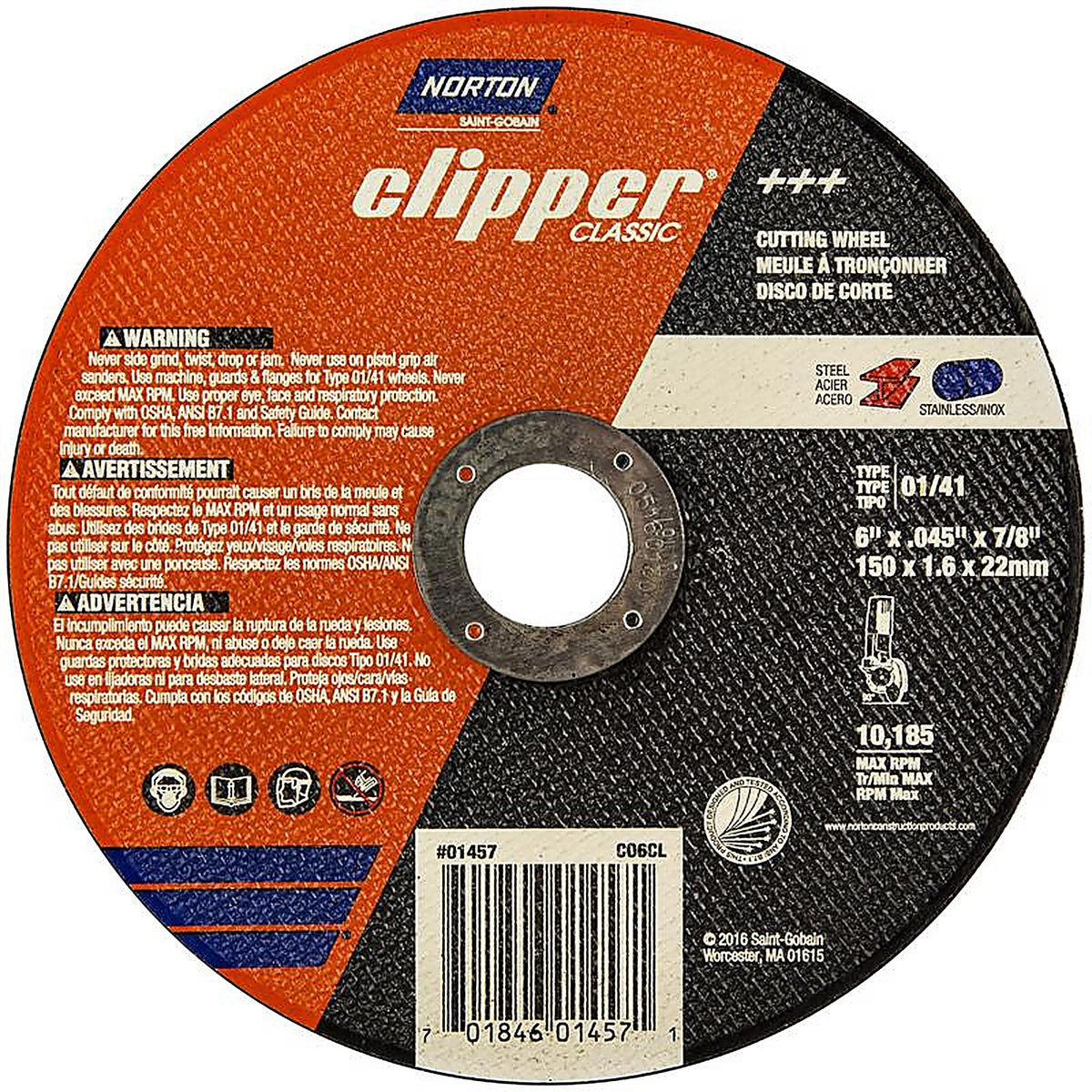 Norton - 70184601457 - Clipper 6 in. D X 7/8 in. Aluminum Oxide Classic Cut-Off Wheel 1 pk