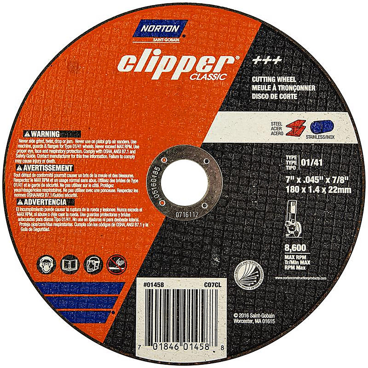 Norton - 70184601458 - Clipper 7 in. D X 7/8 in. Aluminum Oxide Classic Cut-Off Wheel 1 pk