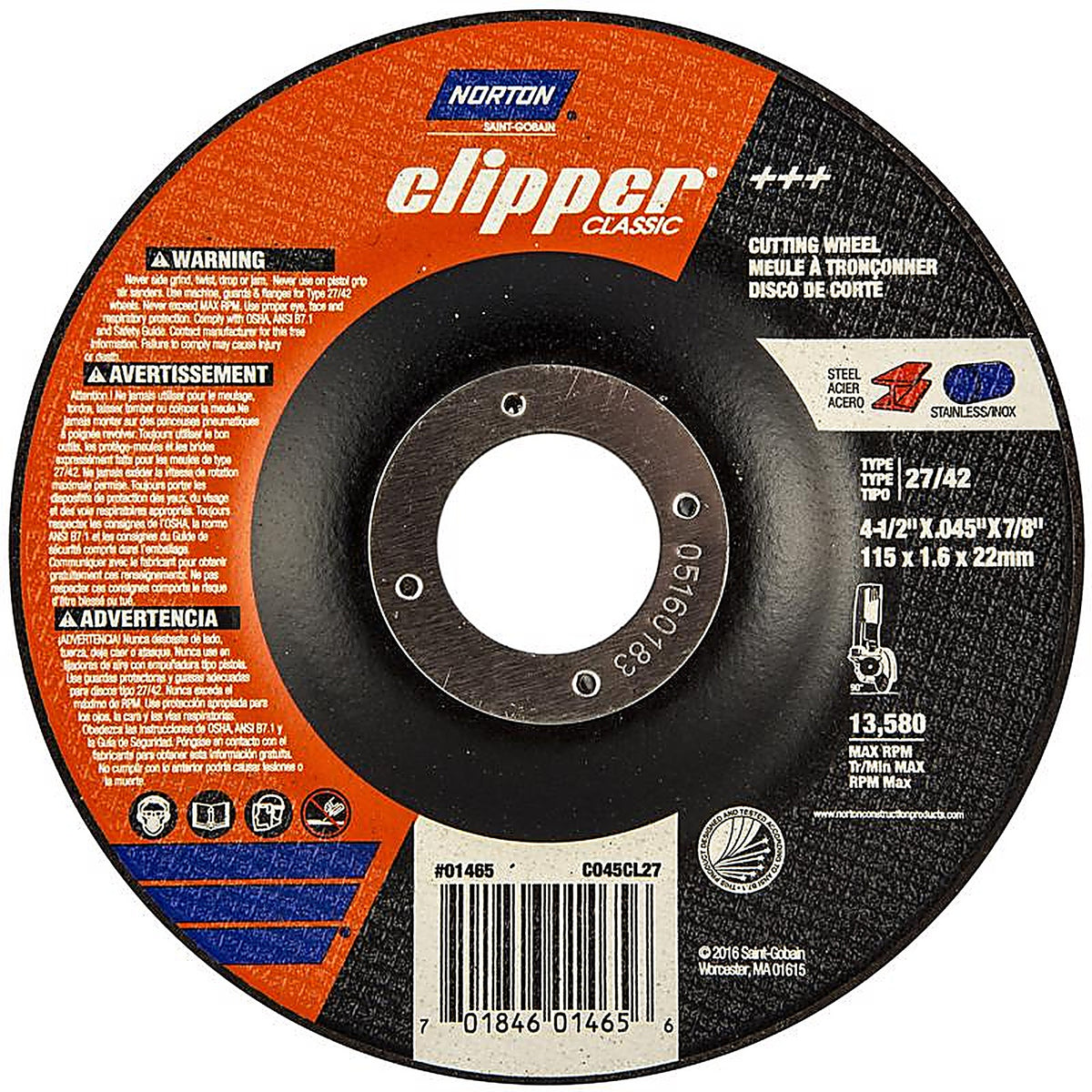 Norton - 70184601465 - Clipper 4-1/2 in. D X 7/8 in. Aluminum Oxide Classic Cut-Off Wheel 1 pk