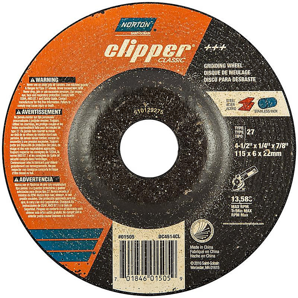 Norton - 70184601505 - Clipper 4-1/2 in. D X 7/8 in. Classic Grinding Wheel