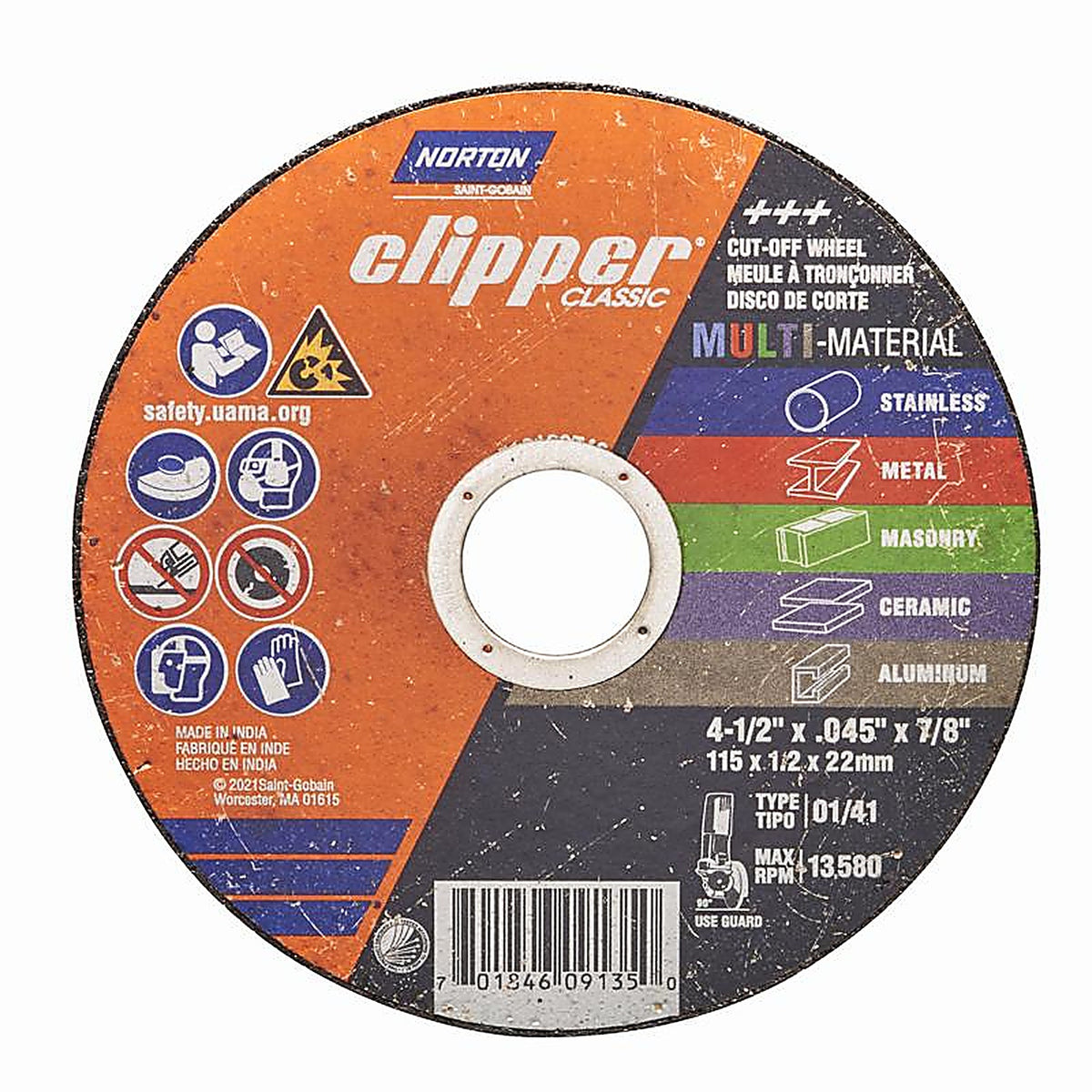 Norton - 70184609135 - Clipper 4-1/2 in. D X 7/8 in. Aluminum Oxide/Silicon Carbide Classic Cut-Off Wheel 1 pk