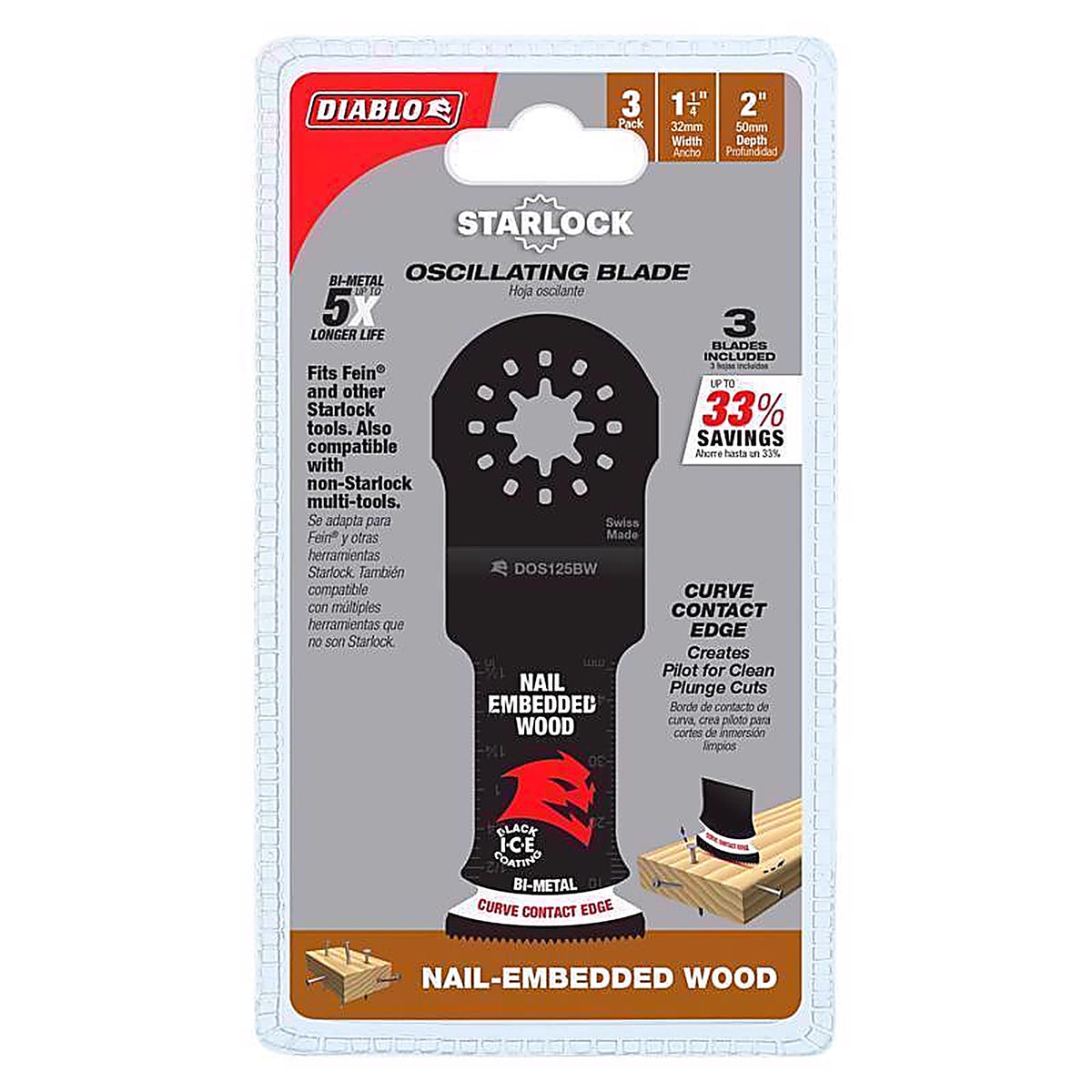 Diablo - DOS125BW - Starlock 1-1/4 in. W Bi-Metal Curved Contact Edge Oscillating Blade Nail-Embedded Wood 3 pk