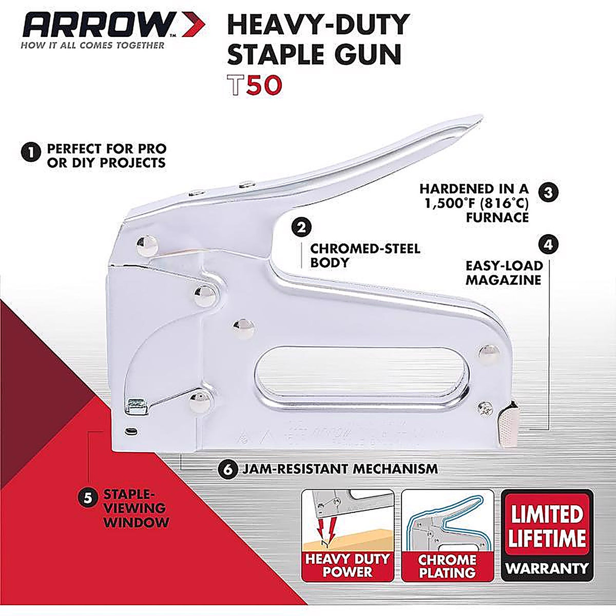 Arrow Fastener - T50 - Arrow Heavy Duty Flat Staple Gun Silver