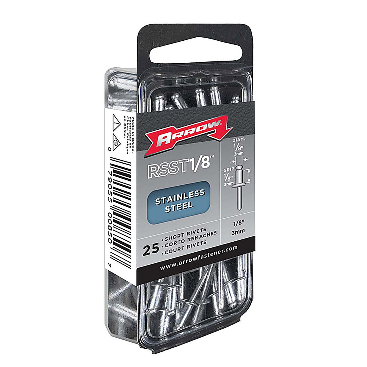 Arrow Fastener - RSST1/8 - 1/8 in. Dia. x 1/8 in. Stainless Steel Rivets Silver - 25/Pack