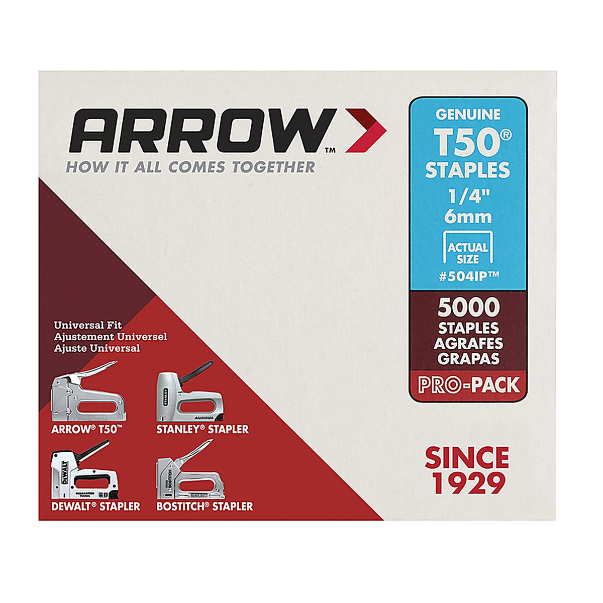 Arrow Fastener - 504IP - T50 3/8 in. W x 1/4 in. L 18 Ga. Flat Crown Heavy Duty Staples - 5000/Pack