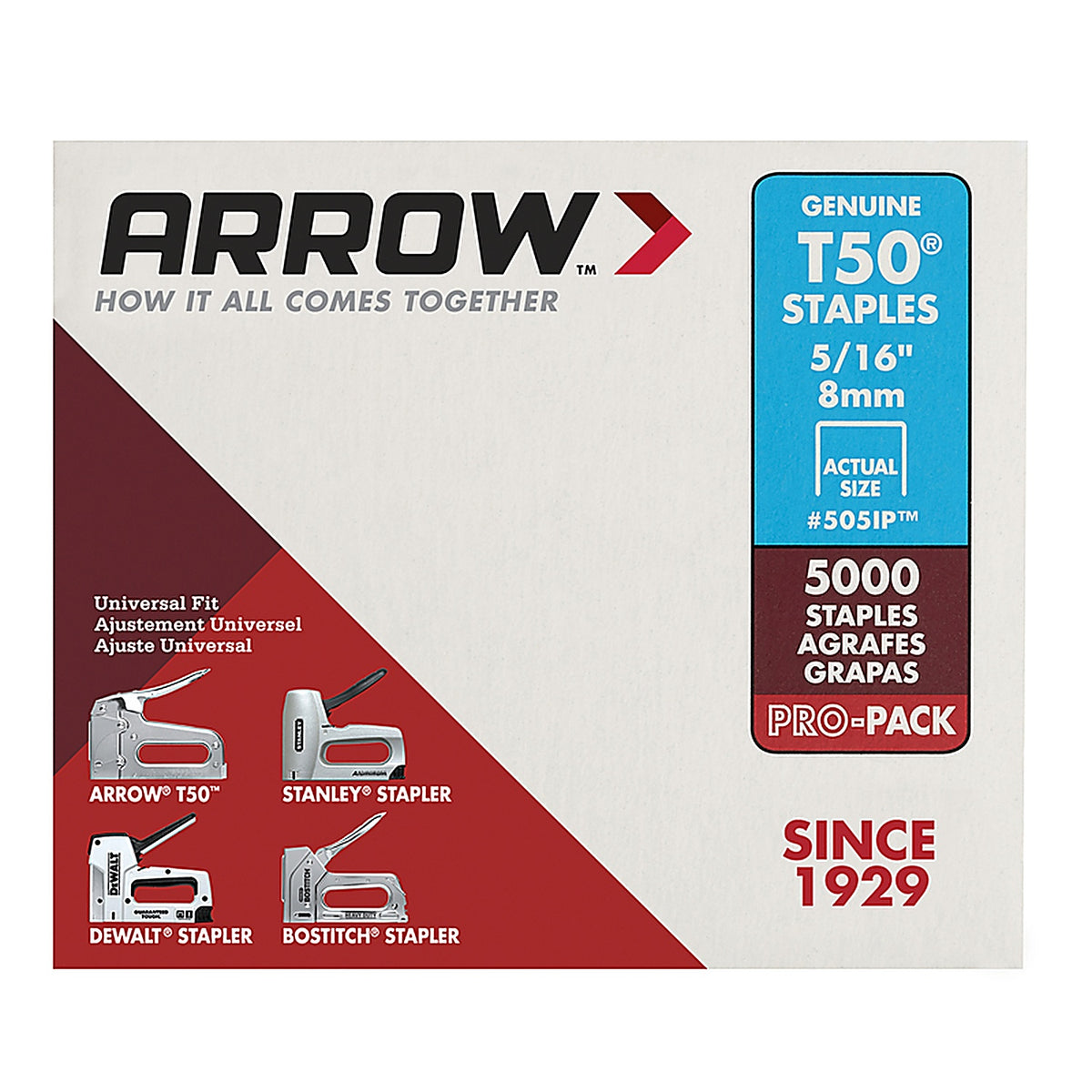 Arrow Fastener - 505IP - T50 3/8 in. W x 5/16 in. L 18 Ga. Flat Crown Heavy Duty Staples - 5000/Pack