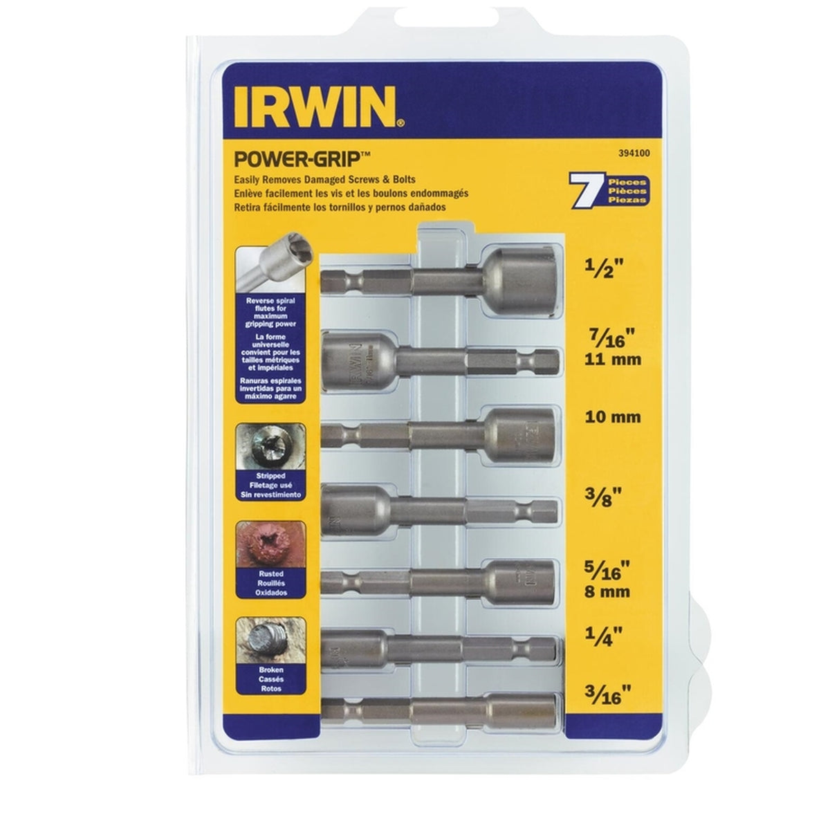 Irwin - 394100 - POWER-GRIP 1/2 in. High Carbon Steel Double-Ended Screw Extractor Set 4 in. 7/pc.