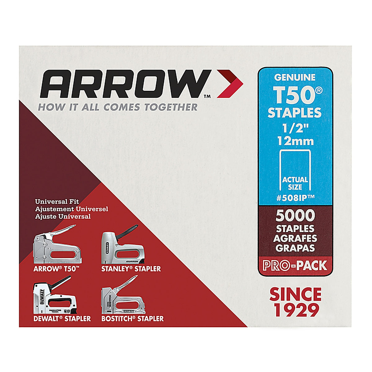 Arrow Fastener - 508IP - T50 3/8 in. W x 1/2 in. L 18 Ga. Flat Crown Heavy Duty Staples - 5000/Pack