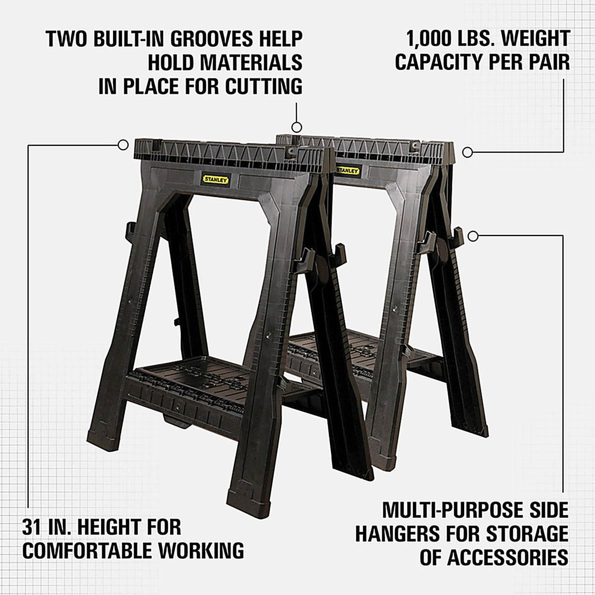 Stanley - 060864R - 32 in. H x 26-7/8 in. W x 2-1/8 in. D Folding Sawhorse 1000 lb. capacity Black - 1/Pack