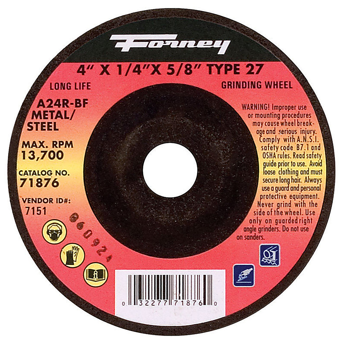 Forney - 71876 - 4 in. D X 1/4 in. thick T X 5/8 in. in. S Metal Grinding Wheel 1 pc