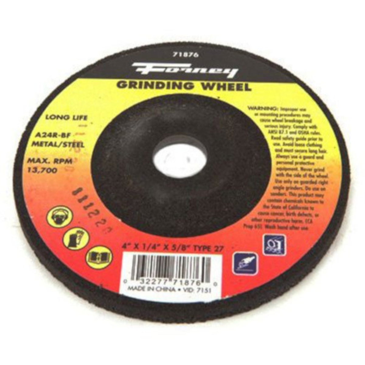 Forney - 71876 - 4 in. D X 1/4 in. thick T X 5/8 in. in. S Metal Grinding Wheel 1 pc