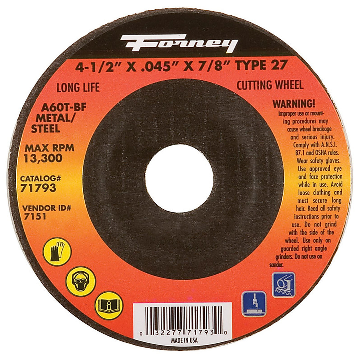 Forney - 71793 - 4-1/2 in. D X 7/8 in. S Aluminum Oxide Metal Cut-Off Wheel 1 pc