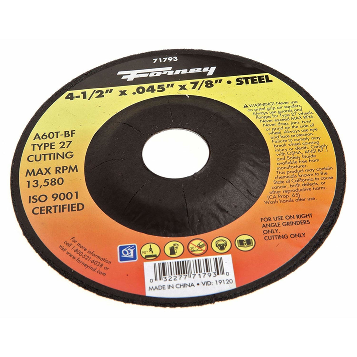 Forney - 71793 - 4-1/2 in. D X 7/8 in. S Aluminum Oxide Metal Cut-Off Wheel 1 pc
