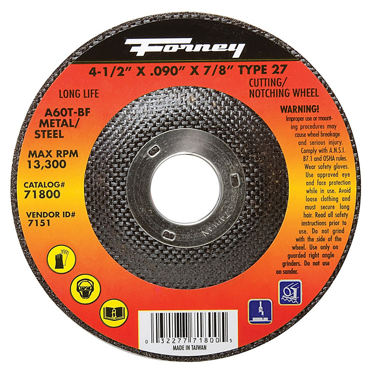 Forney - 71800 - 4-1/2 in. D X 7/8 in. S Aluminum Oxide Metal Cut-Off Wheel 1 pc