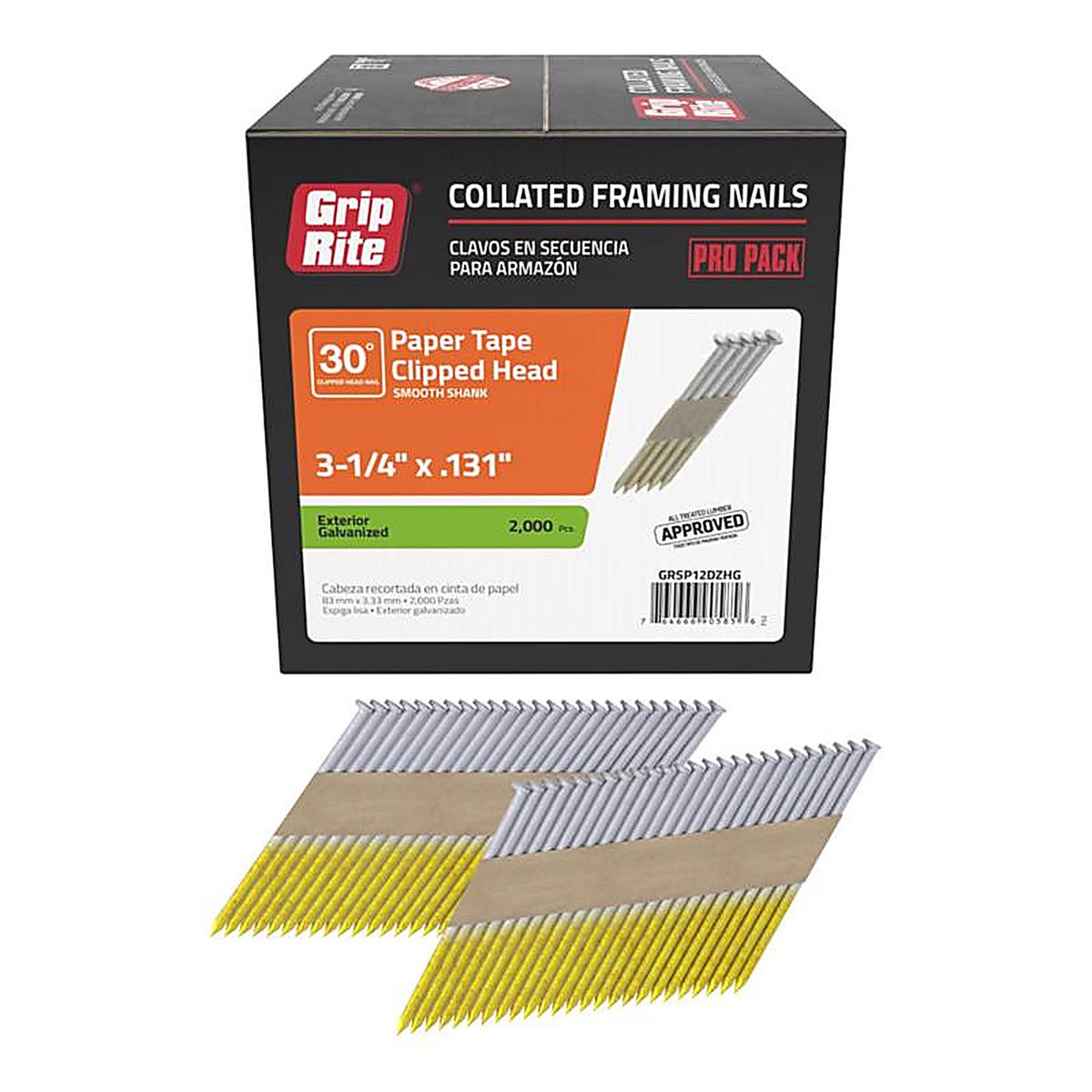 Grip-Rite - GRSP12DZHG - 3-1/4 in. Angled Strip Framing Nails 30 deg. Smooth Shank - 2000/Pack