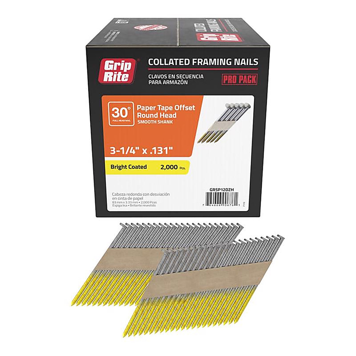 Grip-Rite - GRSP12DZH - 3-1/4 in. Angled Strip Framing Nails 30 deg. Smooth Shank - 2000/Pack