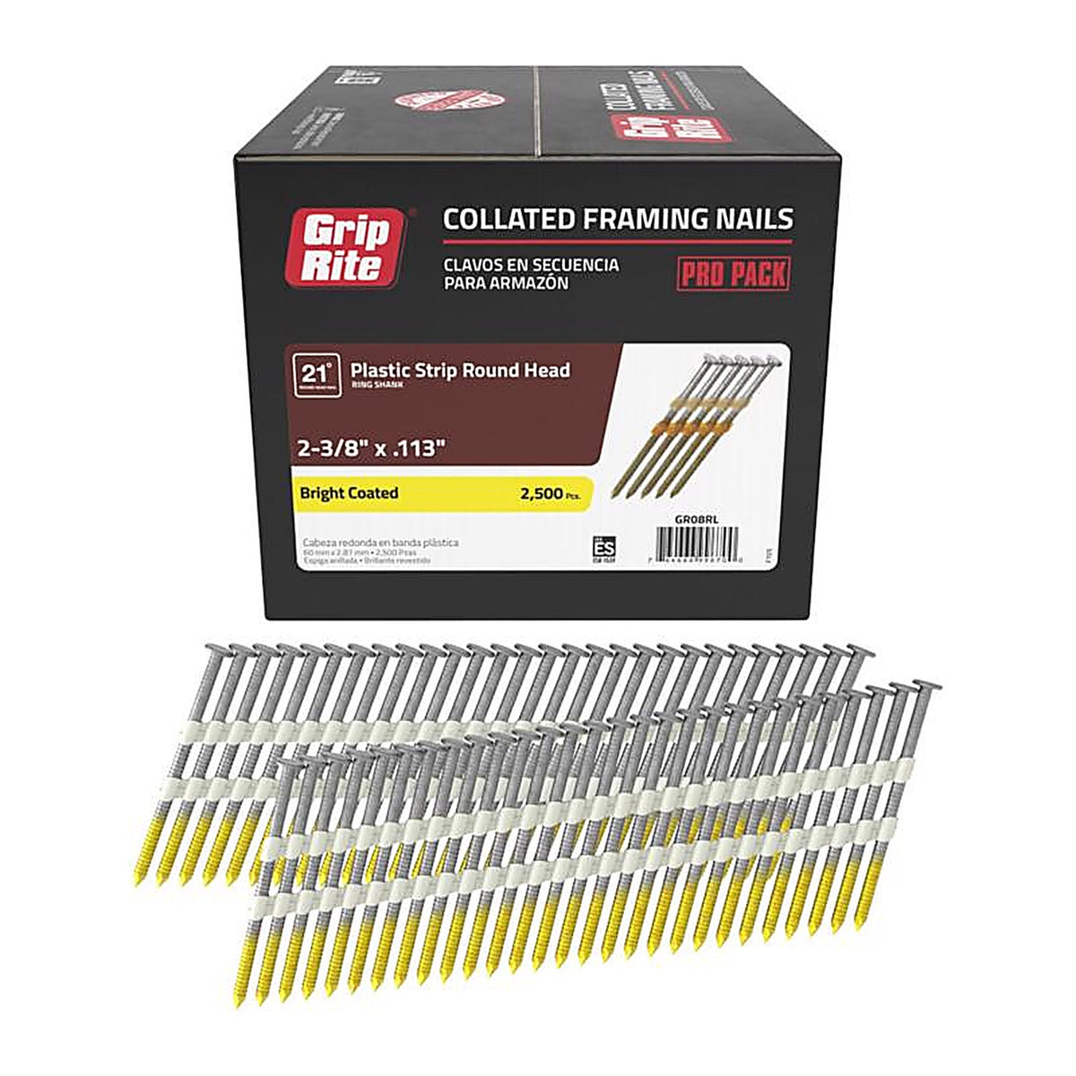 Grip-Rite - GR08RL - 2-3/8 in. 12 Ga. Angled Strip Framing Nails 21 deg. Ring Shank - 2500/Pack