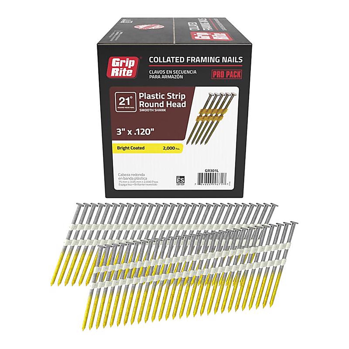 Grip-Rite - GR301L - 3 in. 11 Ga. Angled Strip Framing Nails 21 deg. Smooth Shank - 2000/Pack
