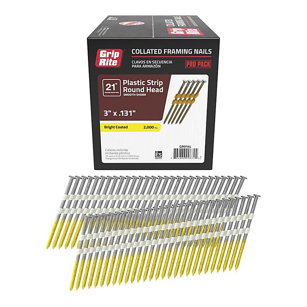 Grip-Rite - GR014L - 3 in. 10 Ga. Angled Strip Framing Nails 21 deg. Smooth Shank - 2000/Pack