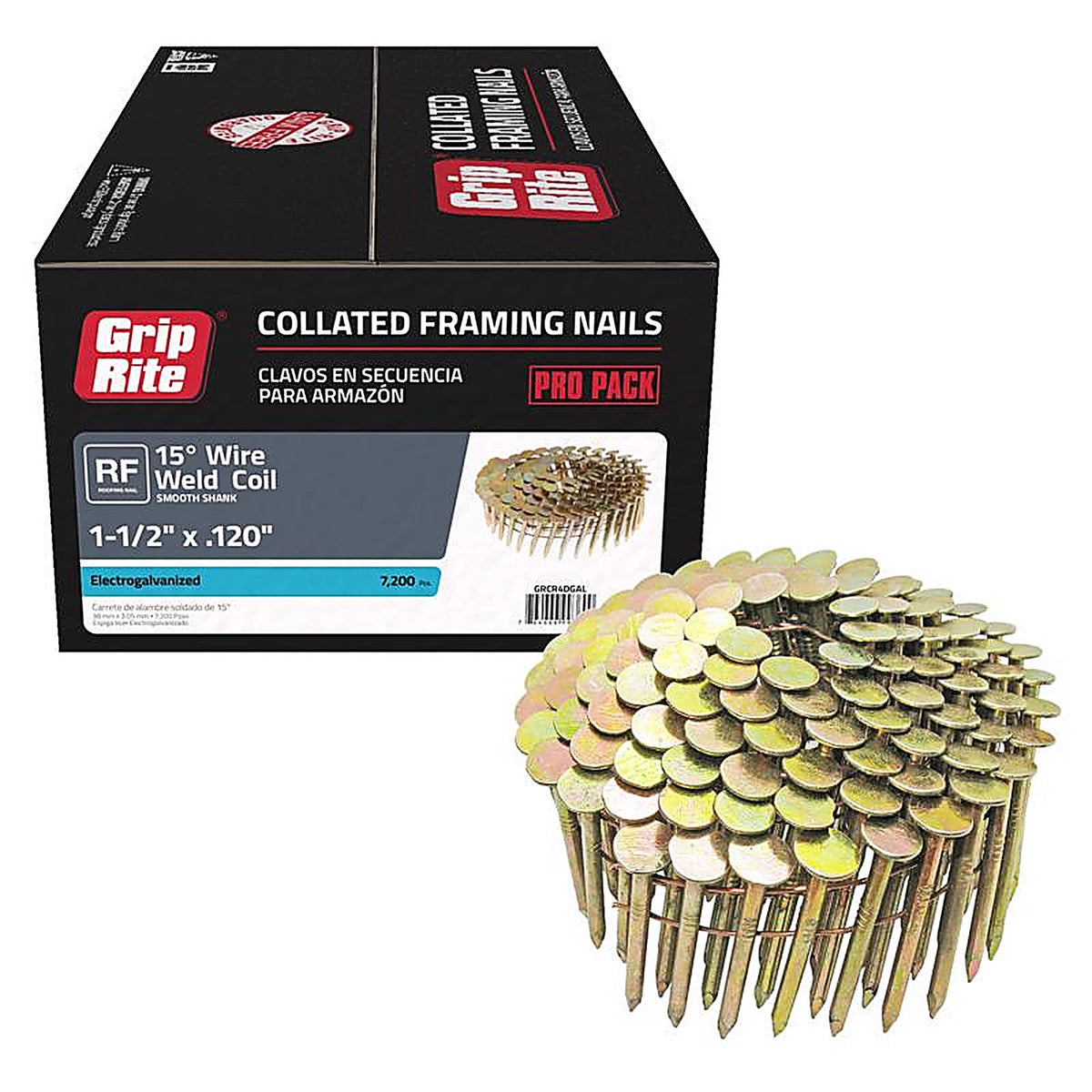 Grip-Rite - GRCR4DGAL - 1-1/2 in. 11 Ga. Angled Coil Roofing Nails 15 deg. Smooth Shank 7200/Pack