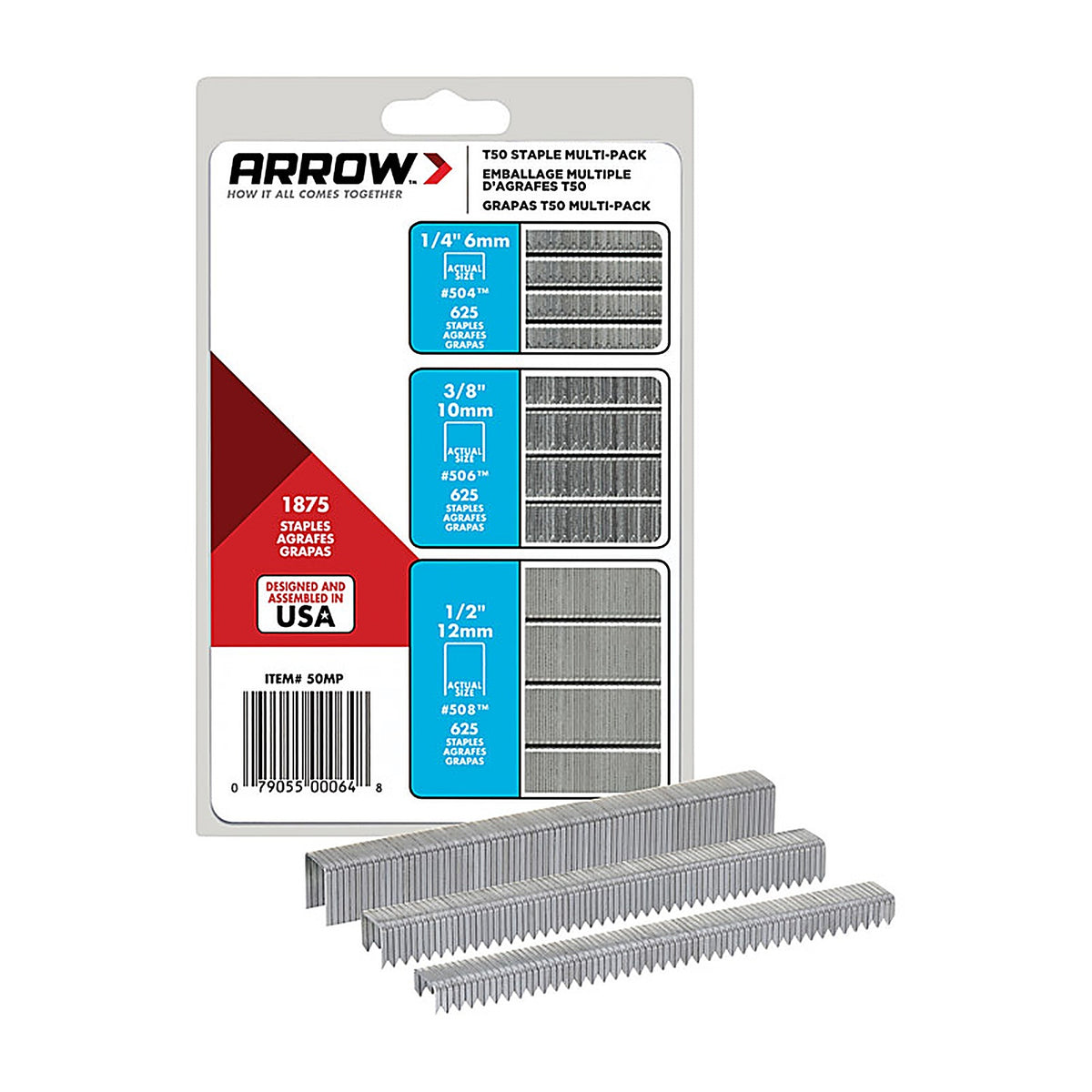 Arrow Fastener - 50MP - T50 3/8 in. W 18 Ga. Flat Crown Heavy Duty Staple Assortment 1875/Pack
