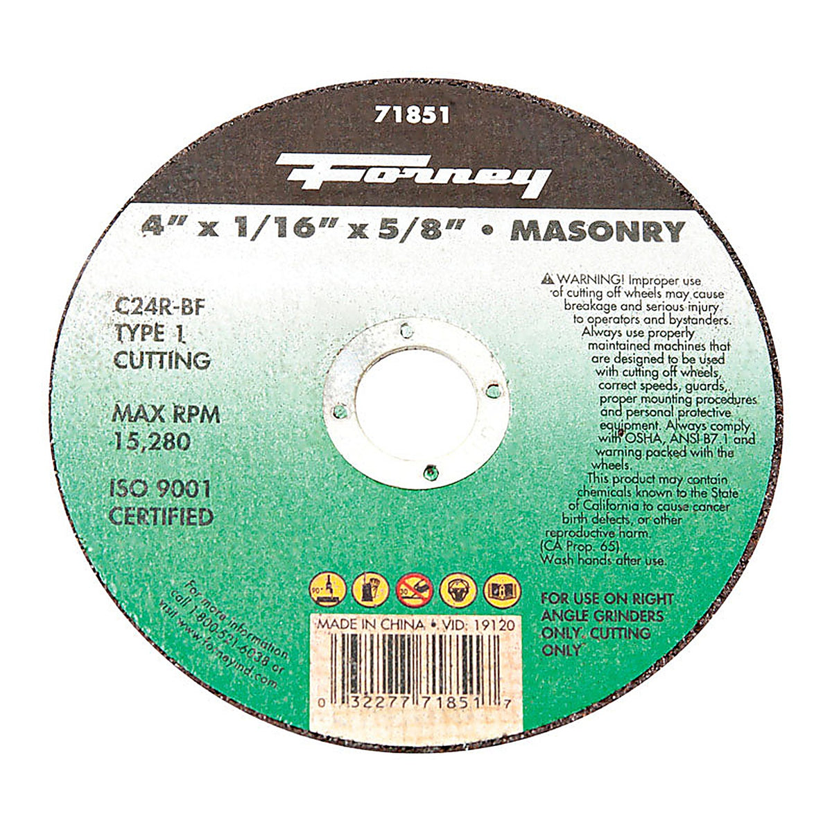 Forney - 71851 - 4 in. D X 5/8 in. S Silicon Carbide Masonry Cutting Wheel 1 pc