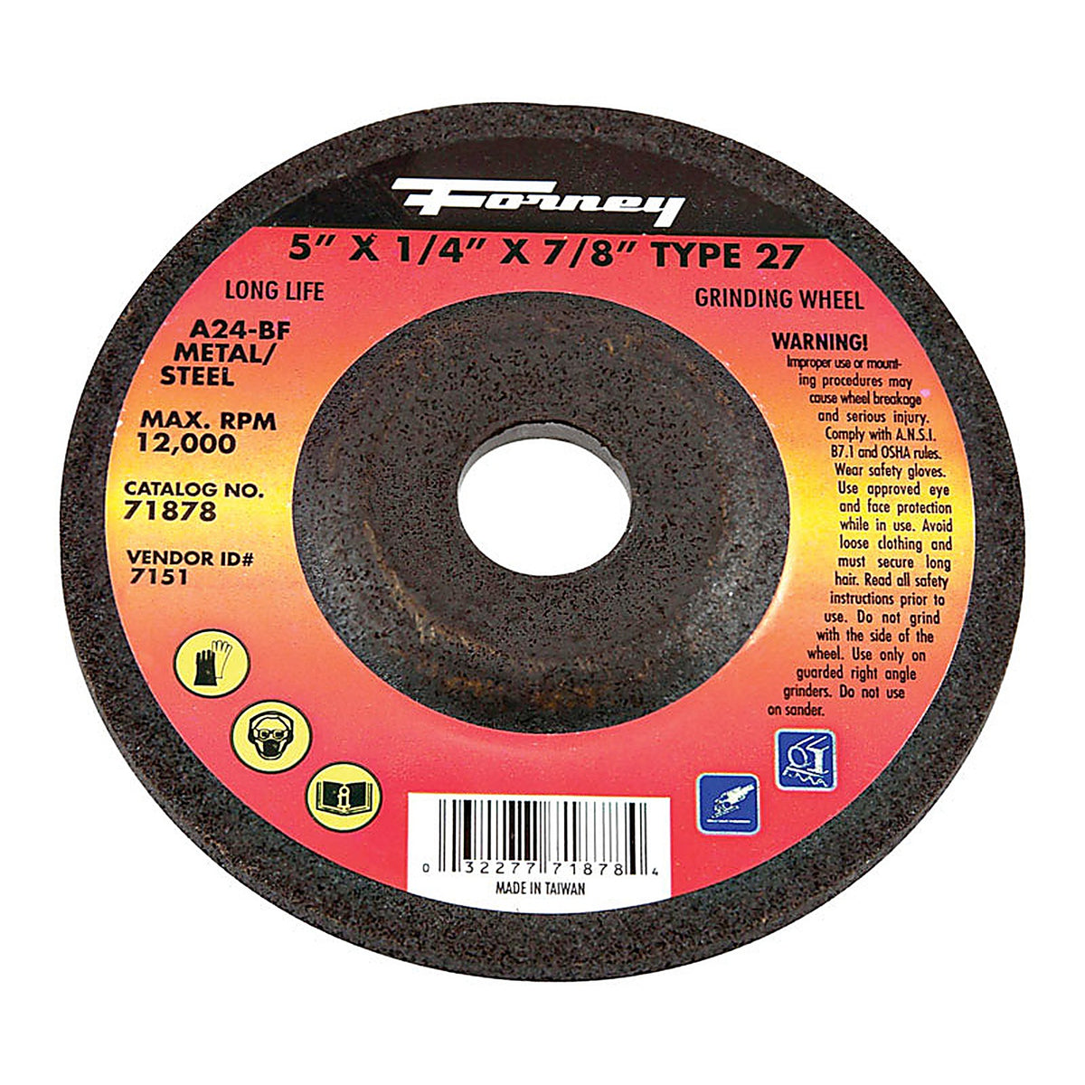 Forney - 71878 - 5 in. D X 1/4 in. thick T X 7/8 in. S Metal Grinding Wheel 1 pc