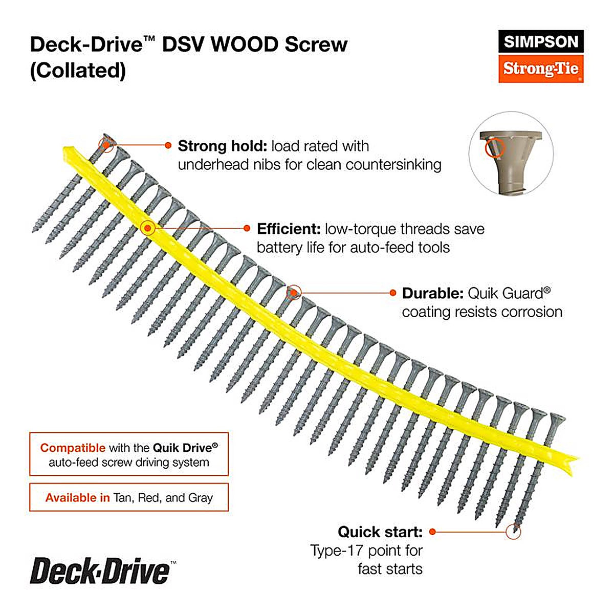 Simpson Strong-Tie - DSVT3S - Quick Drive No. 10 Sizes X 3 in. L Tan Square Ribbed Flat Head Deck Screws 1000 p