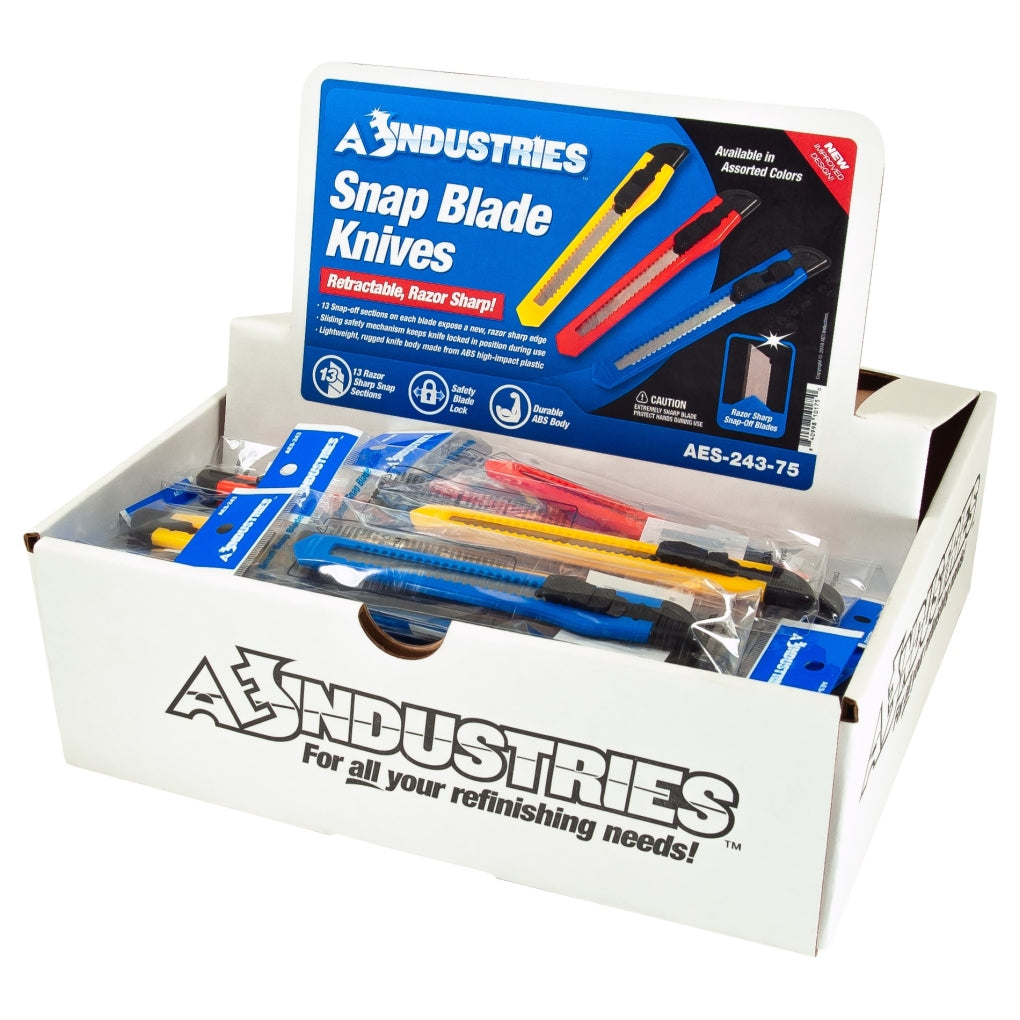 AES|243|75 - Small Snap - Off Blade Utility Knife - Display Box, ABS Body, Steel Blade, Blue/Red/Yellow