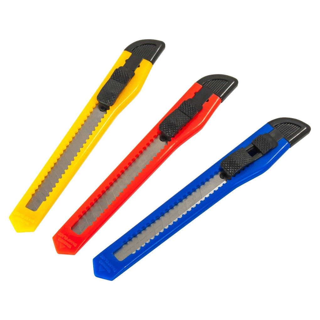 AES|243|75 - Small Snap - Off Blade Utility Knife - Display Box, ABS Body, Steel Blade, Blue/Red/Yellow