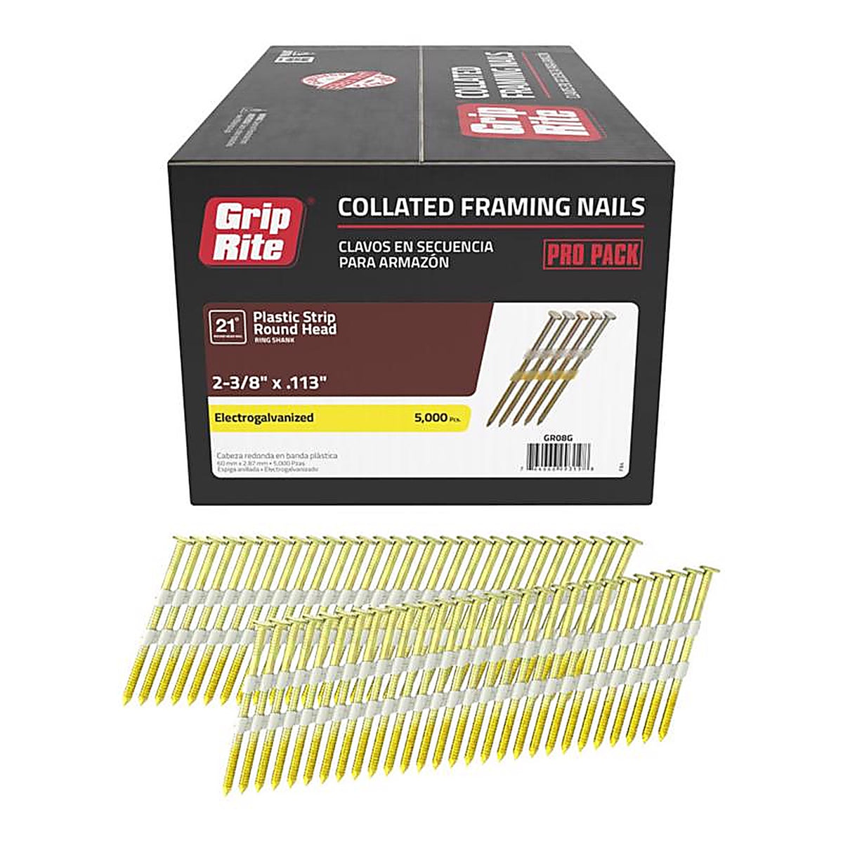 Grip-Rite - GR08G - 2-3/8 in. 12 Ga. Angled Strip Framing Nails 21 deg. Ring Shank - 5000/Pack