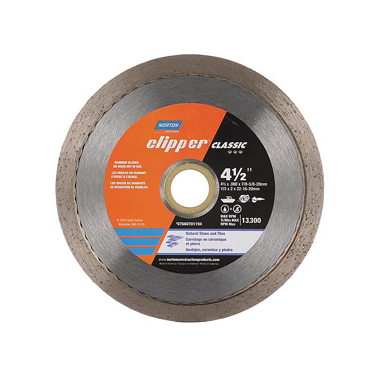 Norton - 7660701194 - Classic 4-1/2 in. Dia. x 5/8 and 7/8 in. Continuous Rim Diamond Saw Blade - 1/Pack