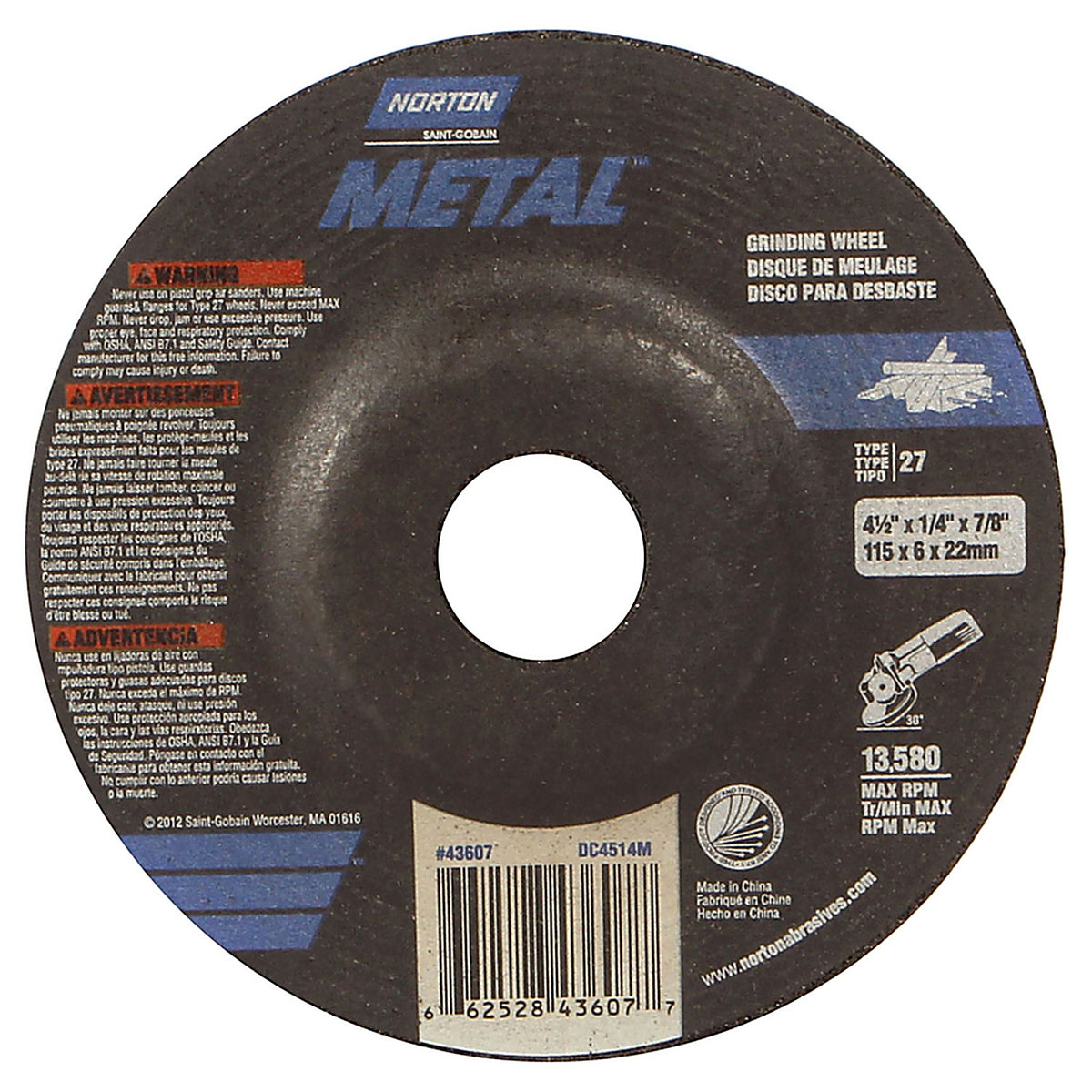 Norton - 66252843607 - 4-1/2 in. Dia. x 1/4 in. thick x 7/8 in. Grinding Wheel 1/pc.