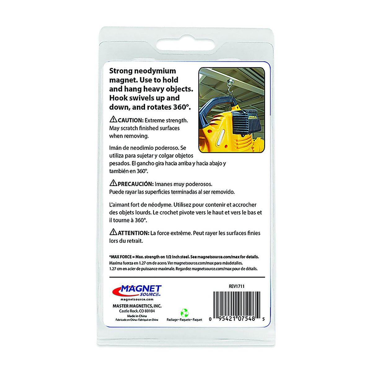 Master Magnetics - 7548 - .5 in. Neodymium Magnetic Hook 65 lb. pull 42 MGOe Silver 1/pc.
