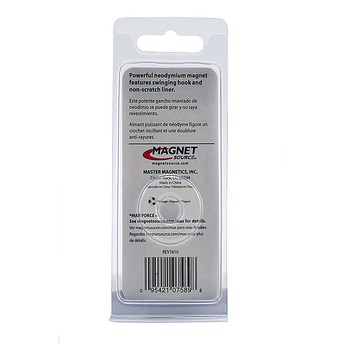 Master Magnetics - 7589 - .225 in. Neodymium Magnetic Hook 40 lb. pull 35 MGOe Silver 1/pc.