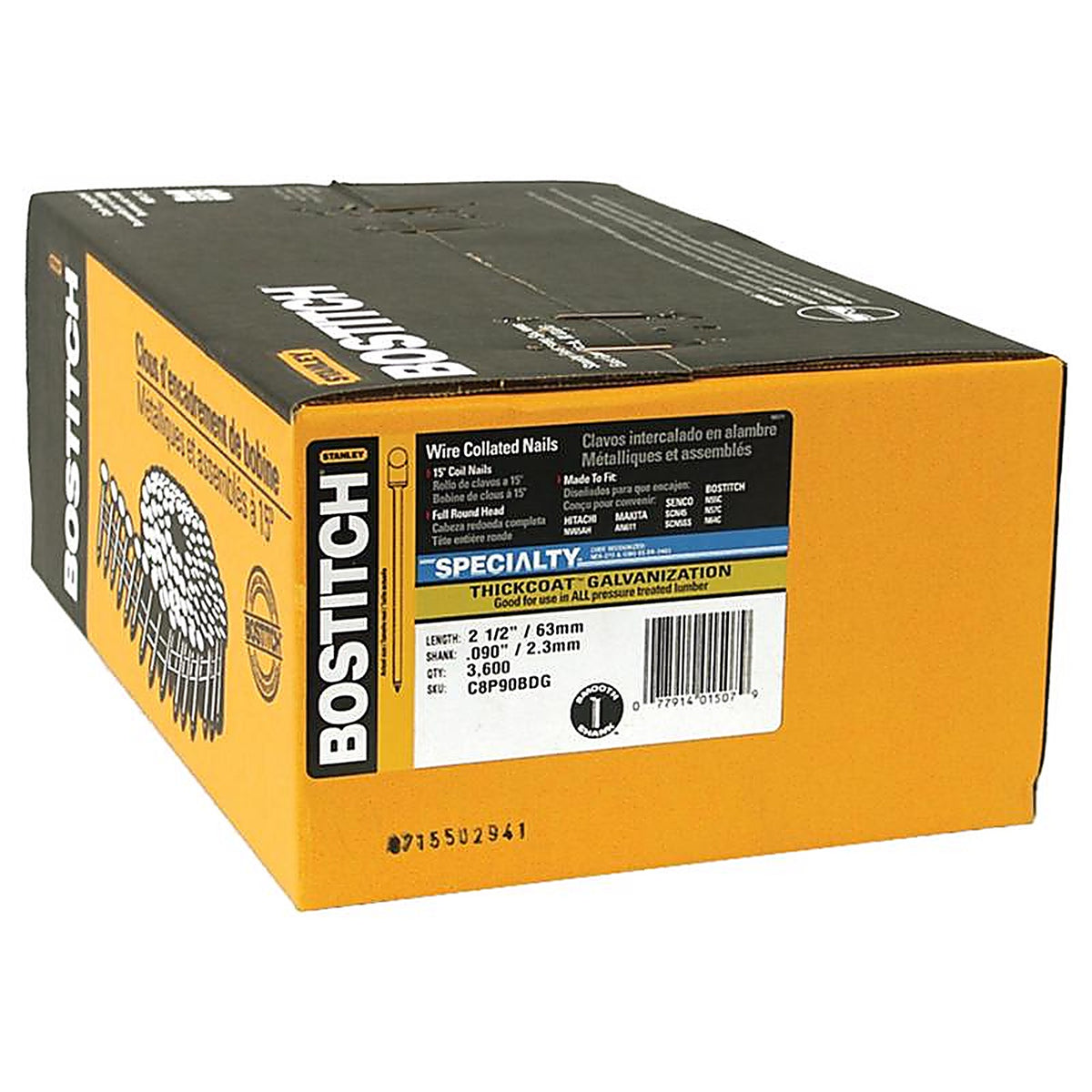 Bostitch - C8P90BDG - 2-1/2 in. L X 13 Ga. Angled Coil Galvanized Siding Nails 15 deg 3,600 pk
