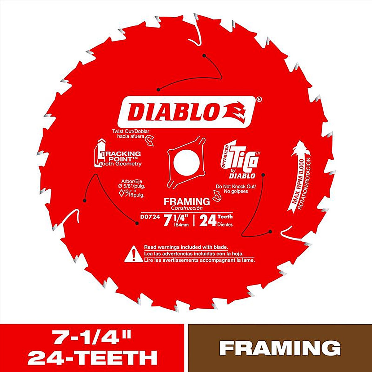 Diablo - D0724X - Tracking Point 7-1/4 in. D X 5/8 in. TiCo Hi-Density Carbide Saw Blade 24 teeth 1 pk