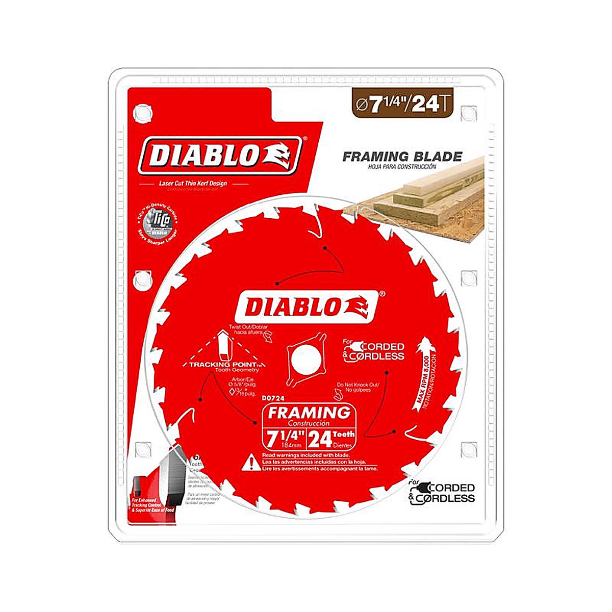 Diablo - D0724X - Tracking Point 7-1/4 in. D X 5/8 in. TiCo Hi-Density Carbide Saw Blade 24 teeth 1 pk