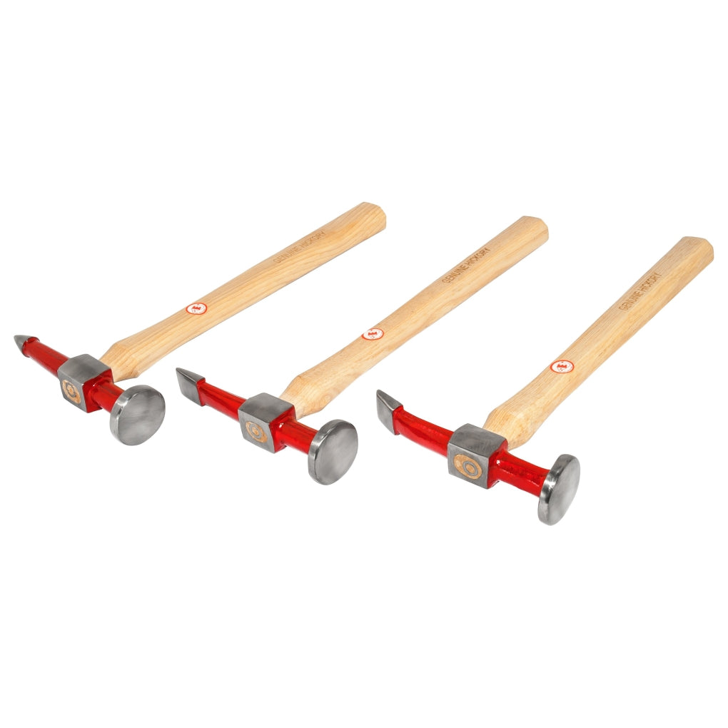 AES|2705|3 - Piece Professional Auto Body Hammer Set, Steel Head, Hickory Handle, Polished
