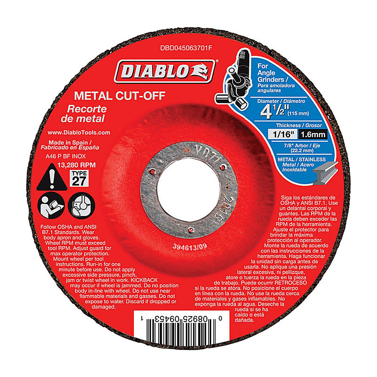 Diablo - DBD045063701F - 4-1/2 in. D X 7/8 in. S Aluminum Oxide Metal Cut-Off Disc 1 pk