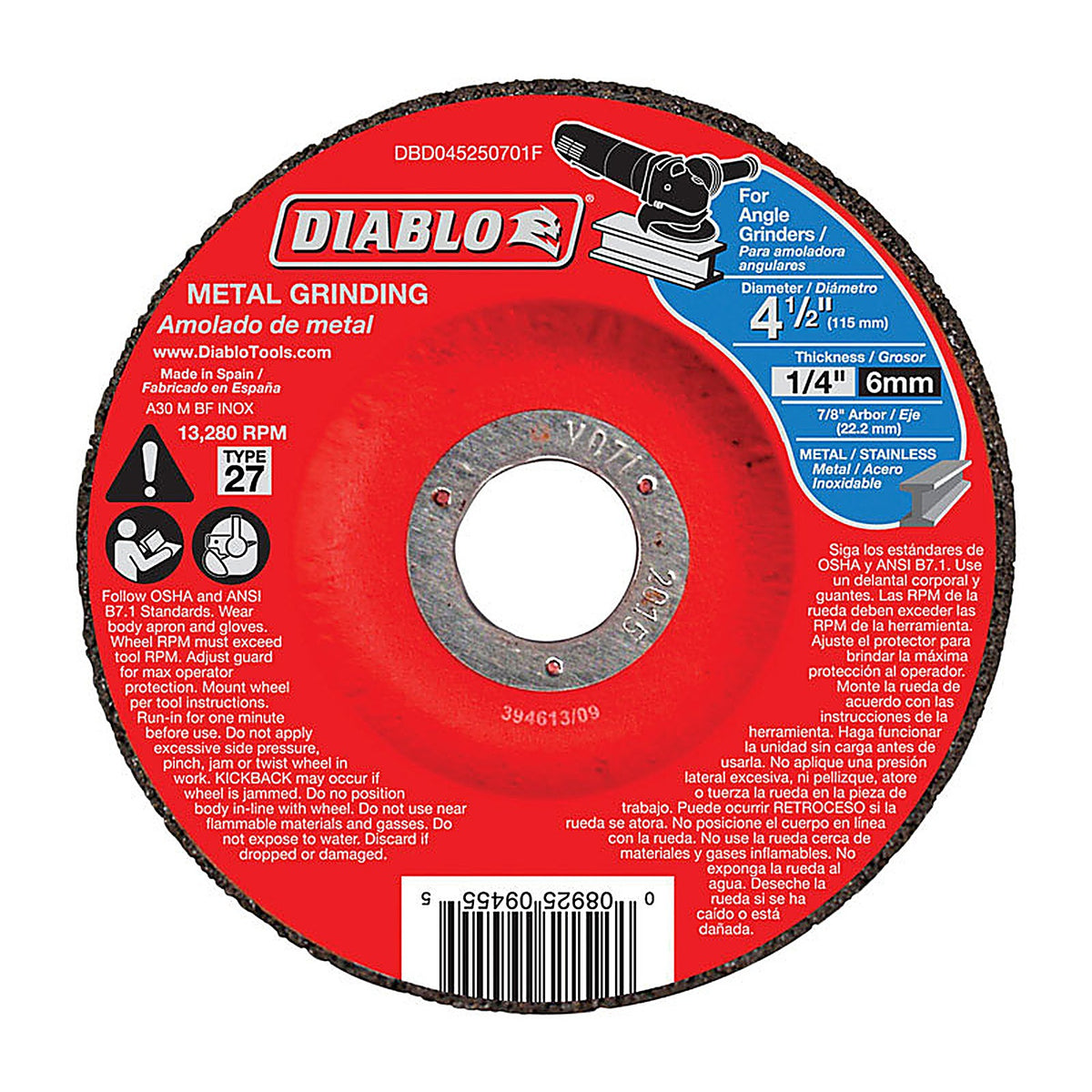 Diablo - DBD045250701F - 4-1/2 in. D X 7/8 in. S Aluminum Oxide Metal Grinding Disc 1 pc