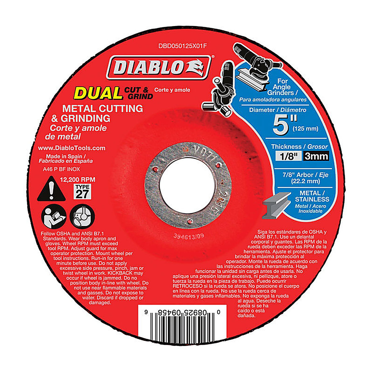 Diablo - DBD050125X01F - 5 in. D X 7/8 in. S Aluminum Oxide Metal Dual Cut and Grind Disc 1 pc