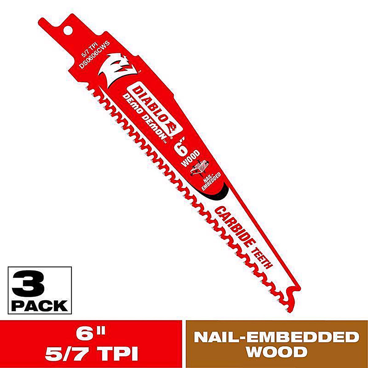 Diablo - DS0606CWS3 - Demo Demon 6 in. Carbide Reciprocating Saw Blade 5/7 TPI 3 pk